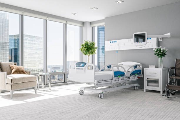 interior of a modern luxury hospital room with city view.